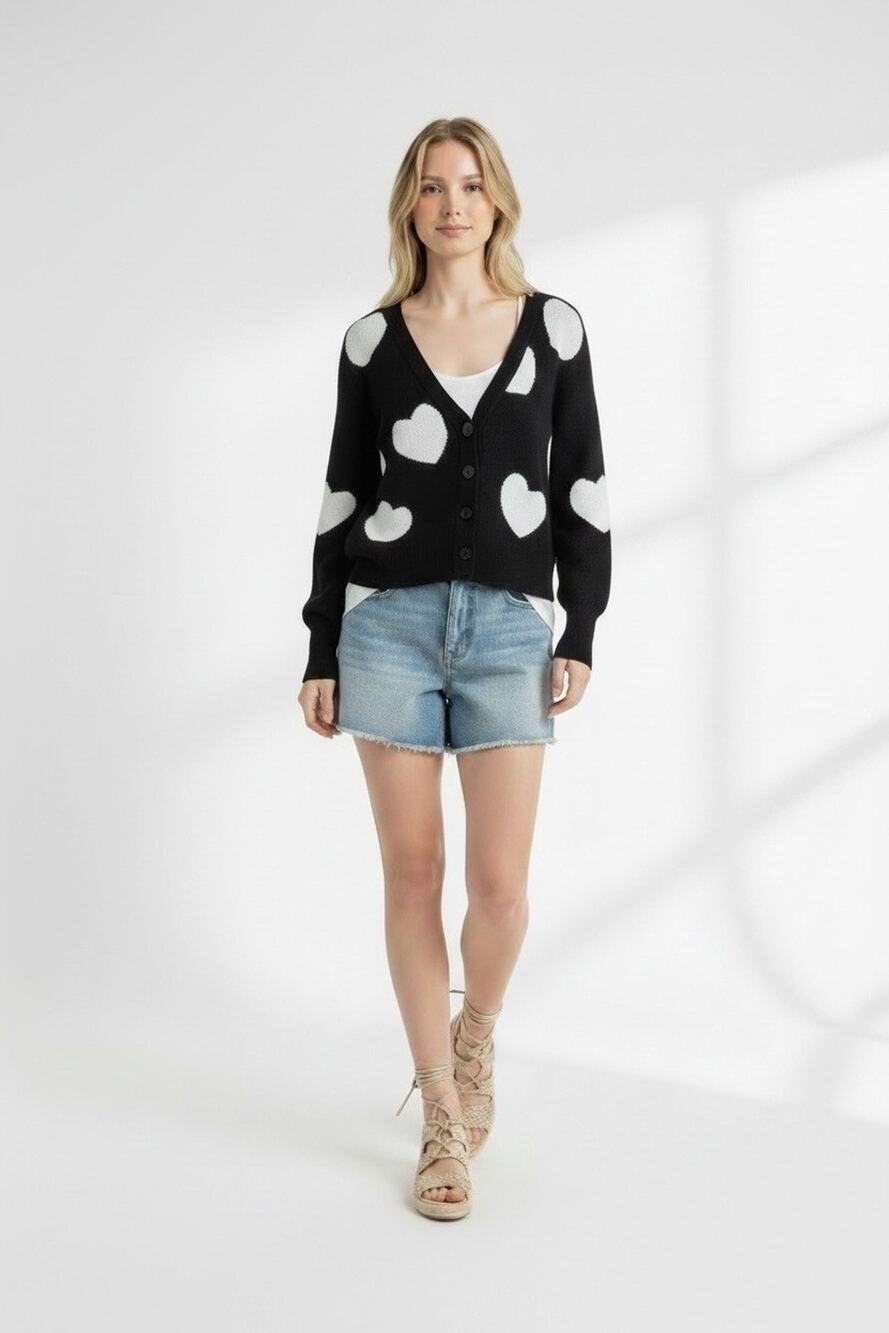 Miracle Heart Print Cardigan Sweater Black White Button Front XS S NWT